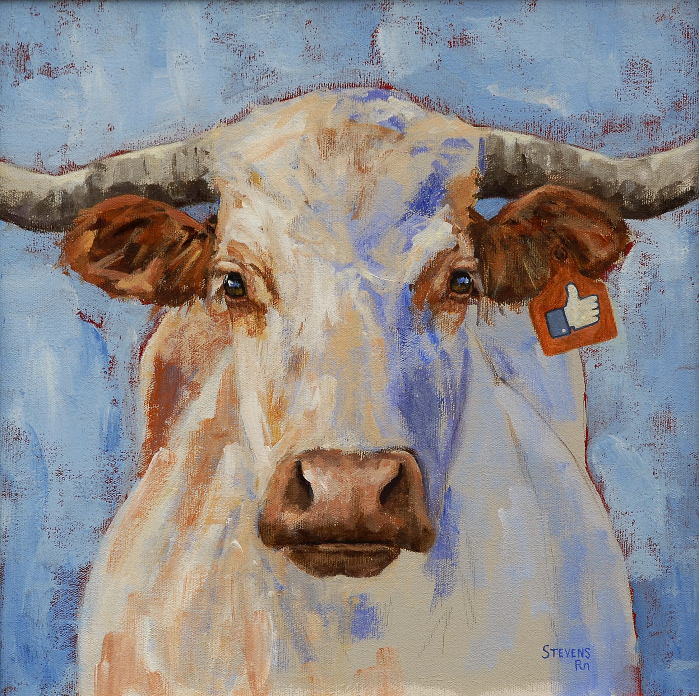 White Cow in August by Sandra Stevens. Acrylic, 16″ x 16″