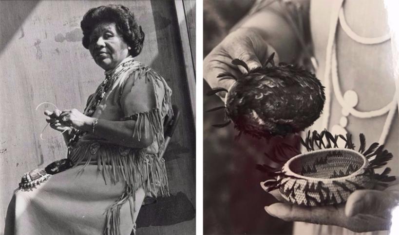 Left: Mabel McKay demonstrating basketweaving, photograph courtesy of Sharon Rogers and Marshall McKay Right: Two of Mabel McKay’s baskets, photograph courtesy of Sharon Rogers and Marshall McKay